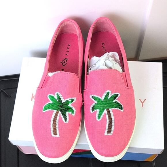NIB Katy Perry The Kerry Textured Canvas with Palm Tree Sequin in Pink Size 7.5 - Picture 1 of 5